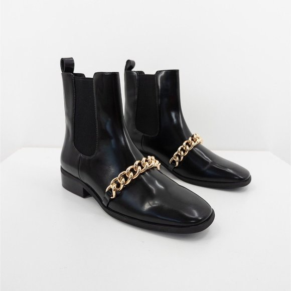 JEFFREY CAMPBELL Emrys Black Chelsea Boot Patent Leather Booties Gold Chain - Picture 1 of 8